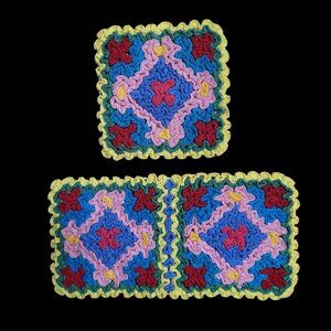 2 Vtg Hand-Crocheted Potholders Pot Rests Colorful